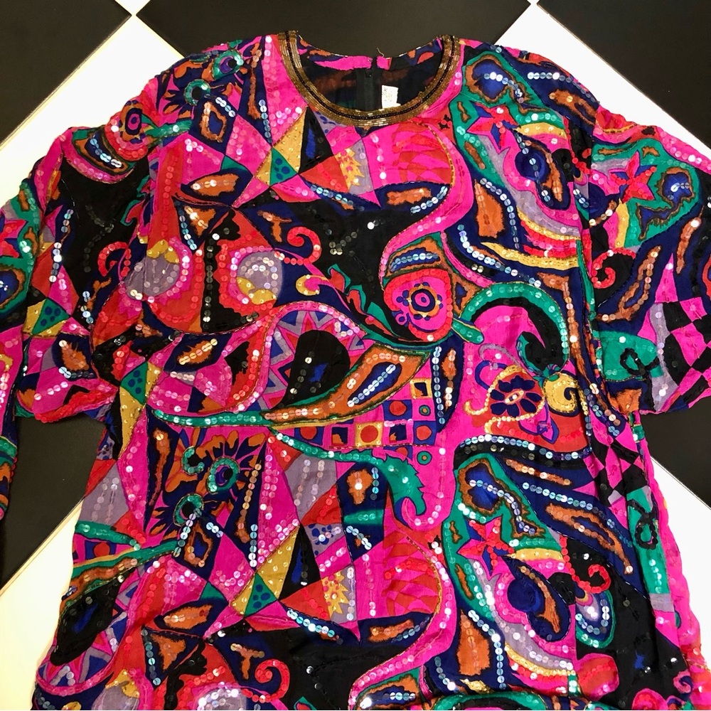 Vintage 60s Judith Ann Creations Beaded Silk Colorful Kaftan Mini Dress Magenta - Picture 7 of 15